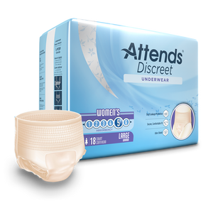 Attends Discreet Women's disposable protective Underwear for bladder and bowel incontinence product and packaging in Large