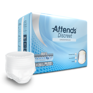 Attends Discreet Men's protective Underwear for bladder and bowel incontinence product and packaging in Small/Medium