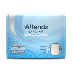 Attends Discreet Men's disposable protective Underwear for bladder and bowel incontinence packaging in Large/XL