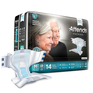 ALI-20 Attends Attends Premier Briefs for bladder or bowel incontinence leaks; packaging and product, in Medium