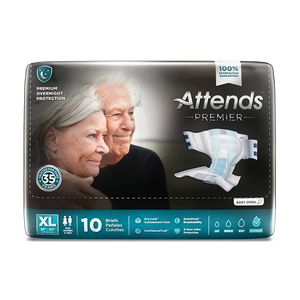 ALI-BR40 Attends Attends Premier Briefs for bladder or bowel incontinence leaks; packaging, in XL