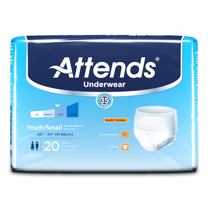 Youth-Small protective disposable incontinence underwear from Attends -  soft, cloth-like breathable, fabric –