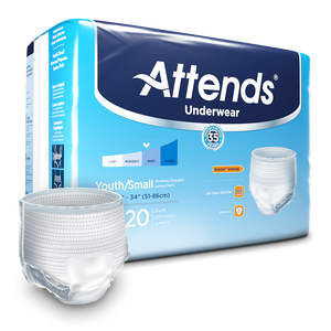 Attends Advanced disposable protective Underwear for bladder and bowel incontinence product and packaging in Youth Small