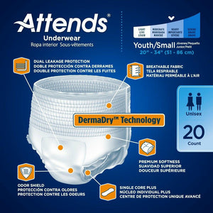 Attends Advanced disposable protective Underwear for bladder and bowel incontinence product features in Youth Small