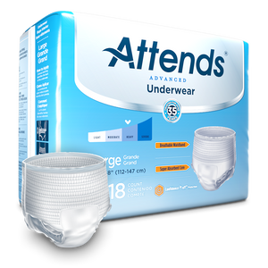 Attends Advanced disposable protective Underwear for bladder and bowel incontinence product and packaging in Large