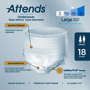 Attends Advanced disposable protective Underwear for bladder and bowel incontinence product features in Large