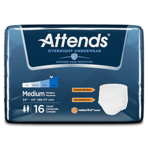 Attends Overnight disposable protective Underwear for bladder and bowel incontinence packaging in Medium