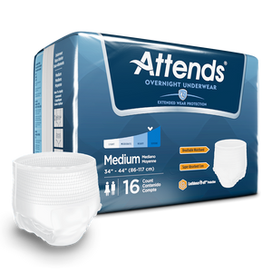 Attends Overnight disposable protective Underwear for bladder and bowel incontinence product and packaging in Medium