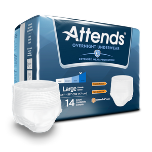 Attends Overnight disposable protective Underwear for bladder and bowel incontinence product and packaging in Large