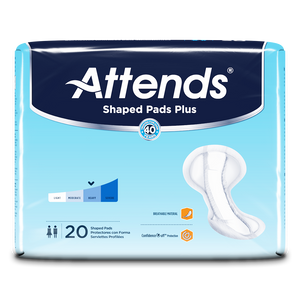 Attends Shaped Pads Plus are absorbent contoured pads suitable for users experiencing moderate to heavy incontinence; packaging front.