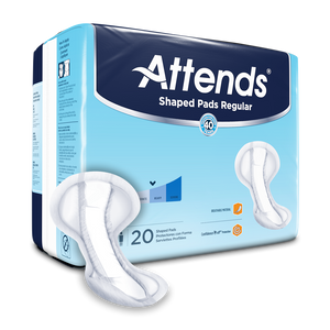Attends Shaped Pads Regular are absorbent contoured pads suitable for users experiencing moderate incontinence; packaging front with product illustration.