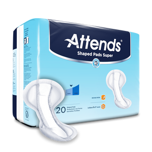 Attends Shaped Pads Super are absorbent contoured pads suitable for users experiencing heavy to severe incontinence; packaging front with product illustration.