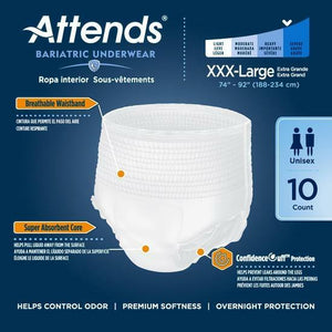 Attends Bariatric Protective Underwear for bladder or bowel incontinence leaks; packaging and product in XXXL (3XL) product features