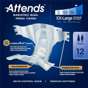 Features of Attends Bariatric Briefs to protect against heavy to severe bladder or bowel leaks with product illustration