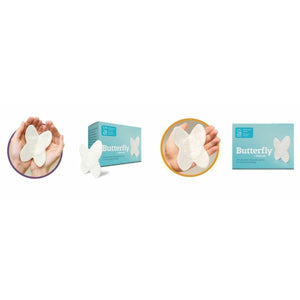 Attends Butterfly Body Patches for minor Fecal Incontinence or slight bowel incontinence in two sizes S/M and XL- 2 product illustration and 2 boxes of packaging