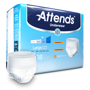 Attends Underwear Extra Absorbency for daytime light bladder leak incontinence - disposable underwear packaging with product