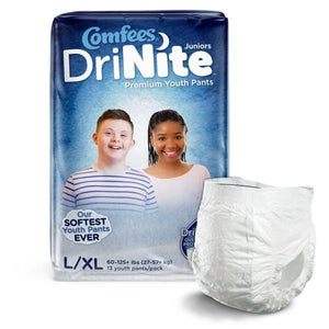 Comfees Premium Dri-Nite Juniors Youth Pants in Large/XL disposable underwear for bed wetting incontinence, front packaging with product illustration