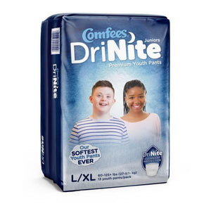 Comfees Premium Dri-Nite Juniors Youth Pants in Large/XL disposable underwear for bed wetting incontinence, front packaging