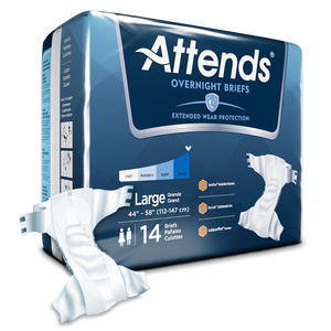 Attends Overnight Briefs adult diapers for incontinence packaging and product in Large