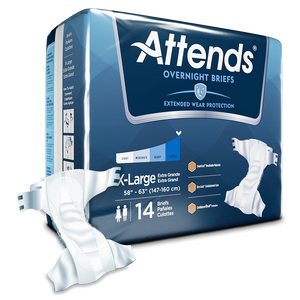 Attends Overnight Briefs adult diapers for incontinence packaging and product in X-Large