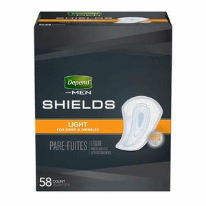 Depend Shields for Men with light absorbency disposable underwear liners for bladder leak protection, front packaging