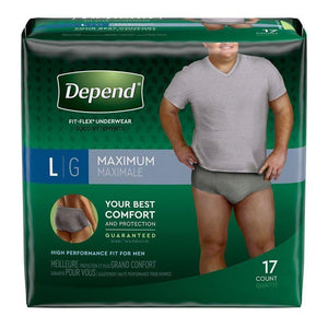Depend FIT-FLEX in Large Men's disposable Underwear for light bladder leak protection, front packaging