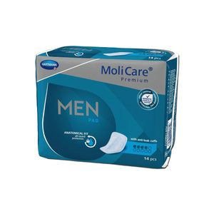 Molicare Premium Men's Anatomical Fit Pads in 4 Drops absorbency pads for bladder leak protection, front of package