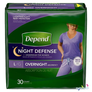 Depend Night Defense in Large Disposable Underwear for Women, front packaging