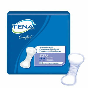 PROM62321 TENA Comfort Pads, Extra - Wider in the front and back for added leakage protection; packaging and product illustration