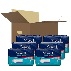 Prevail Breezers Adult Briefs in Medium disposable brief for incontinence, front packaging of 6 bags and a case