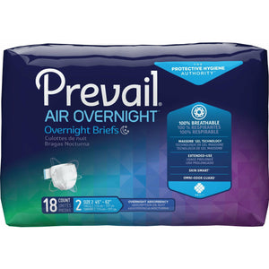 Prevail AIR Overnight Briefs - Adult Diapers for Ideal for heavy bladder leakage with overnight absorbency, size 2/Large fits 45"-62" waist / hip; 4 bags of 18 or 72 per case