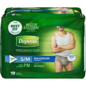 Depend FIT-FLEX  in Small/Medium Men's disposable Underwear for light bladder leak protection, front packaging