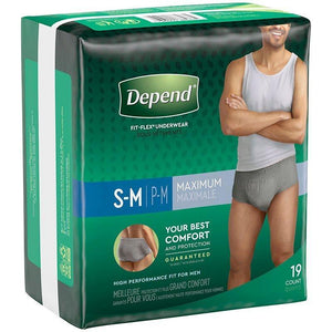 Depend FIT-FLEX in Small/Medium Men's disposable Underwear for light bladder leak protection, front packaging