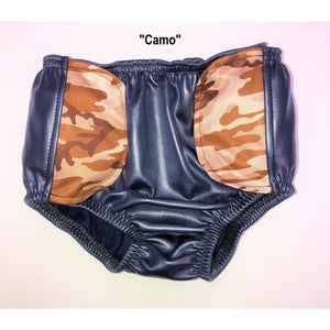 SOSecure Containment Swim Brief for Children with camouflage pattern on the velcro tab closures