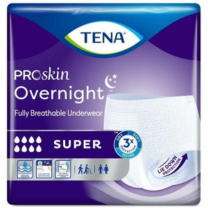TENA ProSkin Overnight Super Protective Underwear; disposable underwear for incontinence protection packaging