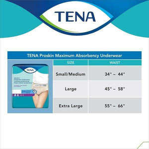 TENA ProSkin Protective Underwear for Women; disposable underwear for urinary incontinence / bladder leak protection size chart