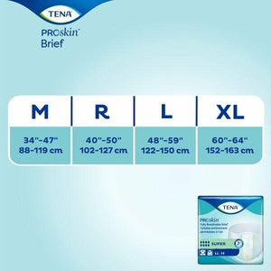 TENA ProSkin Super incontinence briefs for nighttime and extended wear protection size chart