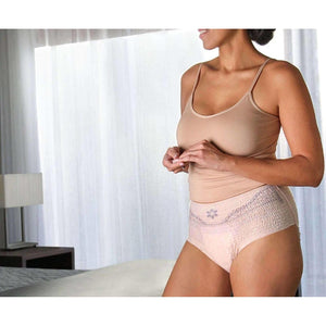 Depends FIT-FLEX Disposable Underwear for Women with maximum absorbency disposable underwear for light bladder leaks, product illustration with model