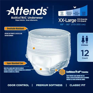 Attends Bariatric Protective Underwear for bladder or bowel incontinence leaks; packaging and product in XXL product features