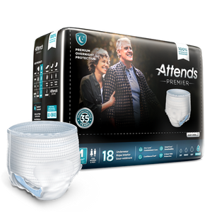 Attends Premier Overnight Protection Disposable Incontinence Underwear in Medium, front packaging with product